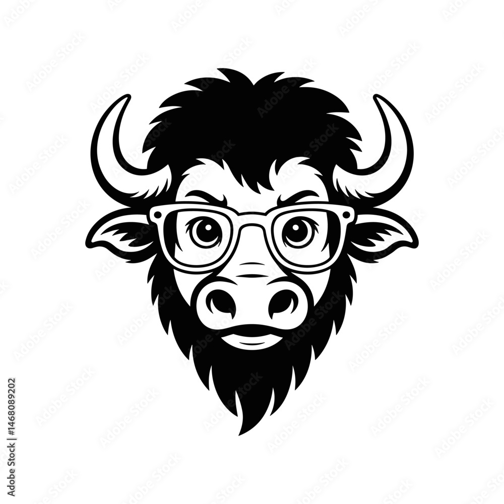 Obraz premium Smart Bull Mascot: A confident and intelligent bull mascot sports stylish spectacles, embodying wisdom and strength in a sleek, black and white illustration.