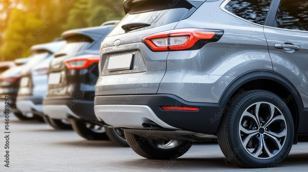 Naklejka premium Row of SUVs parked in lot rear designs and modern tail lights under bright sunlight