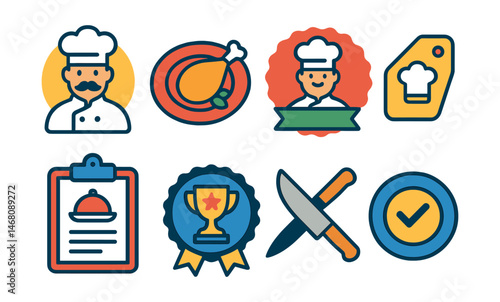 Flat vector icons of chef branding and recommendation: chef portrait icon, signature dish label, head chef pick badge, “crafted by” tag, chef tasting menu icon, award-winning item badge, chef’s knife