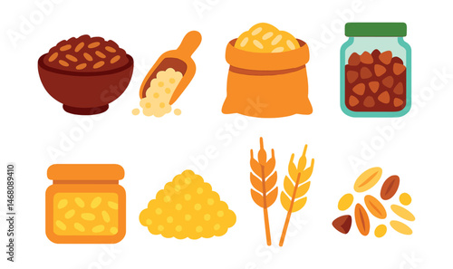 Flat vector icons of organic grains and cereals: brown rice bowl, quinoa scoop, oats in sack, buckwheat jar, bulgur in container, millet pile, barley stalks, whole grain mix.