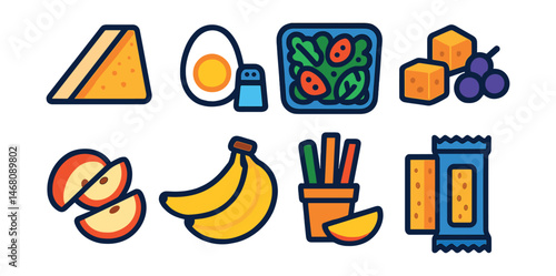 Flat vector icons of picnic foods: sandwich triangle, boiled egg with salt, fresh salad box, cheese cubes with grapes, veggie sticks with dip, apple slices, banana bunch, granola bar pack.