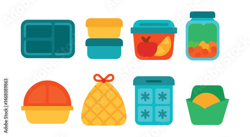 Flat vector icons of picnic containers: lunch box with dividers, stackable snack box, fruit container with lid, leakproof salad jar, divided plate with cover, mesh food bag, container with ice packs,