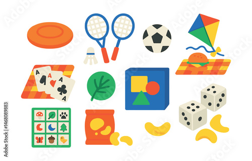 Flat vector icons of picnic games and fun: frisbee disk, badminton racket set, playing cards on blanket, mini football, kite flying above meal, board game box, nature bingo card, dice and snacks.