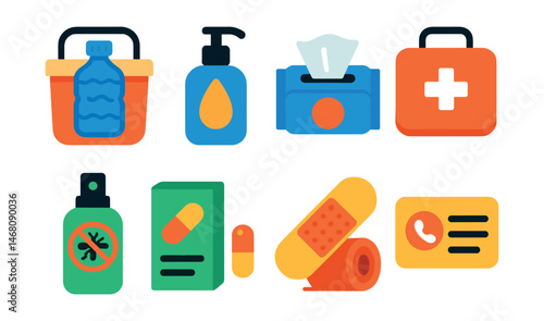 Flat vector icons of picnic safety and first aid: ice pack in cooler, portable hand sanitizer, wet wipes pack, mini first aid kit, insect repellent bottle, allergy medicine box, bandaids roll,