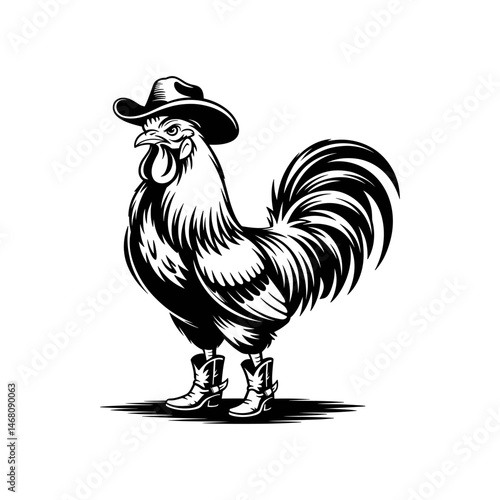 Cowboy Rooster Illustration: A bold illustration depicts a strong rooster adorned with a cowboy hat and boots, embodying a sense of the Wild West in a striking black and white style.