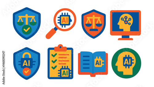 Flat vector icons of AI ethics and responsibility: ethical AI guidelines badge, bias detection tool in AI, fairness in algorithms badge, transparency in AI decision-making, privacy in AI apps badge,