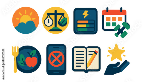 Flat vector icons of healthy productivity habits: early riser badge, balanced work-break rhythm badge, energy management tracker, exercise during breaks planner, healthy meals for productivity badge,
