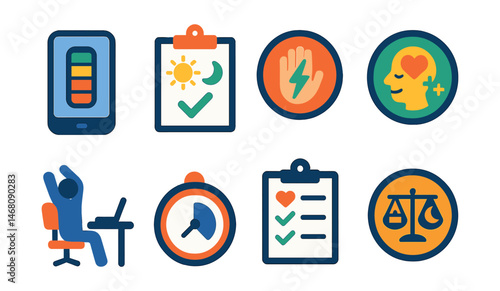 Flat vector icons of energy and burnout management: energy level tracker app, healthy rest breaks planner, fatigue prevention badge, mental recharge badge, stretching at desk icon, short power nap