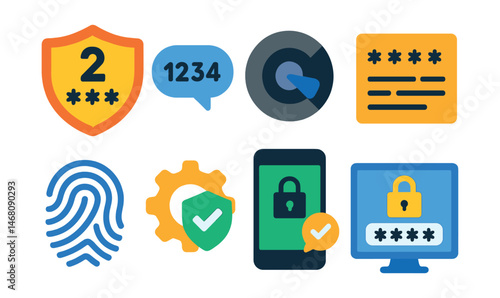 Flat vector icons of two-factor authentication (2FA): two-step verification badge, SMS authentication code icon, authenticator app badge, backup codes for login, biometric authentication setup, 2FA
