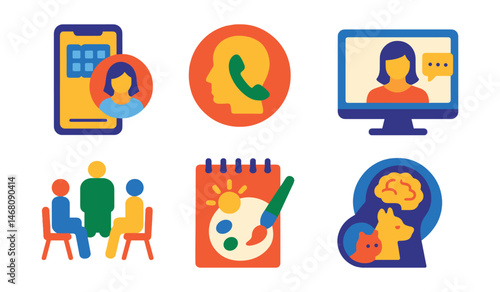 Flat vector icons of therapy and counseling support: therapy session booking app, mental health hotline contact badge, online therapy session icon, therapy support journal, group therapy meeting
