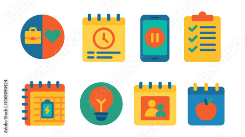 Flat vector icons of balancing work and personal life: work-life balance wheel badge, personal time scheduler, break scheduling app icon, work boundary setting checklist, weekend recharge planner,