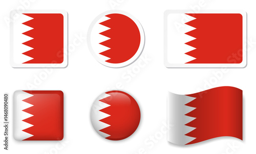 Flag of Bahrain icons collection. Flat stickers and 3d glass vector elements on white background.
