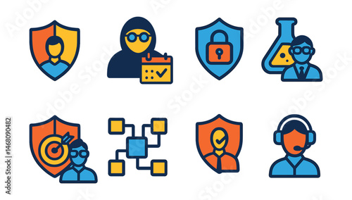 Flat vector icons of cybersecurity careers: cybersecurity analyst badge, ethical hacker planner, data privacy officer icon, cybersecurity researcher badge, penetration tester badge, blockchain