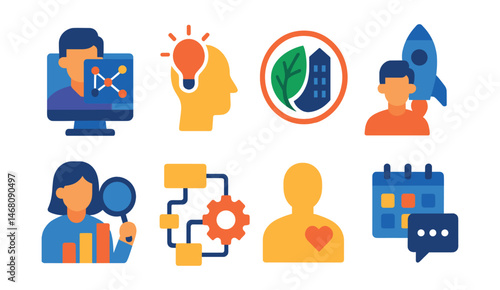 Flat vector icons of future business roles: digital transformation consultant badge, innovation strategist icon, corporate sustainability manager badge, startup advisor badge, future of work