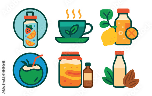 Flat vector icons of natural drinks and hydration: infused water bottles badge, herbal tea cup icon, green smoothie app, no-sugar lemonade recipe guide, coconut water hydration badge, kombucha