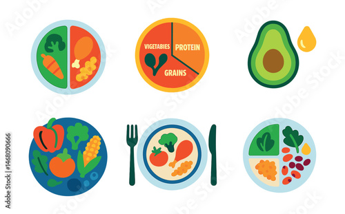 Flat vector icons of balanced nutrition plates: plate with veggies, protein, grains sections badge, healthy fats addition icon, colorful food diversity guide, portion balanced meals planner, rainbow