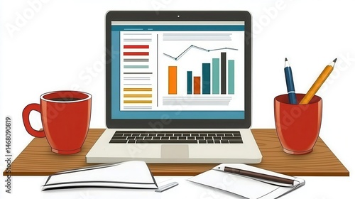 Workplace with laptop for data analysis and planning for digital marketing online business strategy or finance and investment decisions