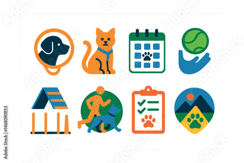 Flat vector icons of pet walking and exercise: dog walking leash badge, cat outdoor harness icon, daily dog park trip planner, interactive fetch toy badge, agility training course icon, jogging with
