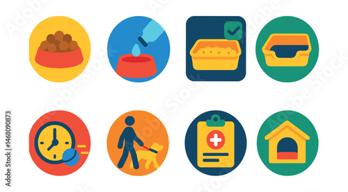 Flat vector icons of daily pet care: morning pet feeding badge, regular water refill icon, daily pet grooming brush, clean litter box checklist, pet playtime schedule badge, evening pet walk icon,