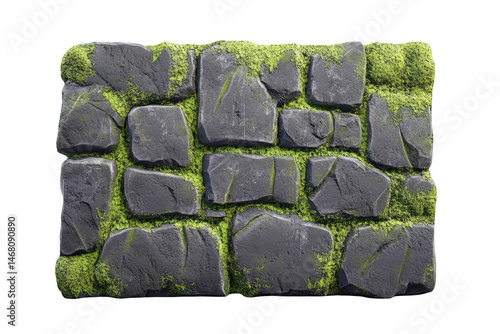 Fototapeta Naklejka Na Ścianę i Meble -  Dark grey stone wall texture with green moss overlay seamless pattern 3d on transparent background