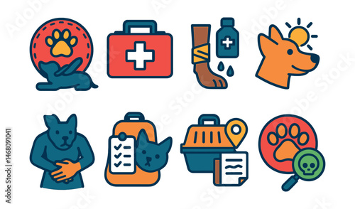 Flat vector icons of pet first aid basics: pet CPR steps badge, basic first aid kit for pets, wound care for animals guide, heatstroke prevention in pets badge, choking rescue maneuver for pets,