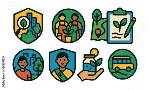 Flat vector icons of eco-education in urban settings: city nature scavenger hunt badge, urban eco- workshops badge, environmental education centers guide, nature walks in cities planner, green