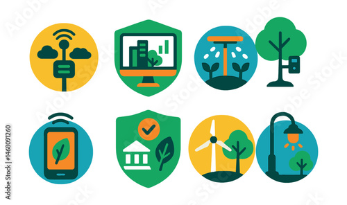 Flat vector icons of smart city nature tech: air quality monitoring stations badge, urban green data dashboards badge, smart irrigation systems for cities badge, tree health monitoring sensors badge,