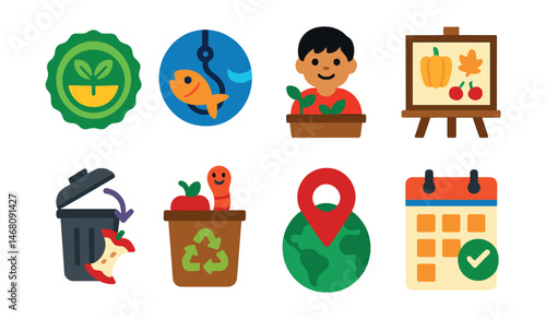 Flat vector icons of climate-friendly eating habits: plant-based meal days badge, sustainable seafood days badge, school gardening for food program badge, seasonal local food education badge,