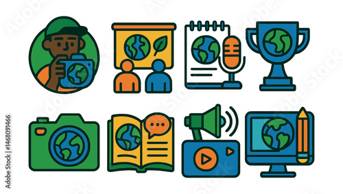 Flat vector icons of creative climate storytelling: youth eco-documentary project badge, environmental storytelling workshops badge, podcasting for the planet planner, short story contests about the