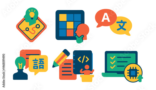Flat vector icons of skill development plans: personal growth roadmap badge, skill matrix self-assessment guide, learning new languages badge, mastering coding skills planner, creative writing