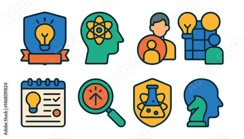 Flat vector icons of innovation management careers: innovation project manager badge, R&D innovation strategist badge, corporate intrapreneur badge, design thinking facilitator badge, idea incubation