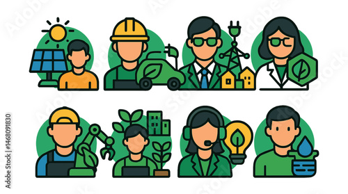 Flat vector icons of green technology innovations: renewable energy system designer badge, electric vehicle technology engineer badge, smart grid planner badge, sustainable materials researcher badge