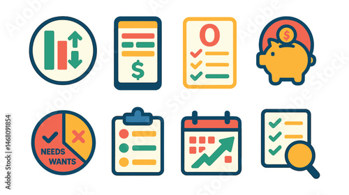 Flat vector icons of personal budget basics: income and expenses tracker badge, monthly budget planner app, zero-based budgeting guide, emergency savings goal badge, needs vs wants spending chart,