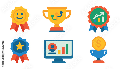 Flat vector icons of customer analytics: customer satisfaction score badge, Net Promoter Score (NPS) trophy, customer journey mapping medal, customer loyalty analysis ribbon, customer feedback