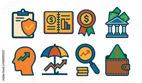 Flat vector icons of building financial resilience: creating backup plans for emergencies badge, adapting budgets to life changes planner, saving beyond emergency fund guide, building multiple income