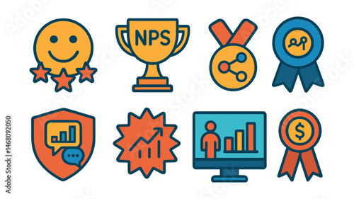 Flat vector icons of customer analytics: customer satisfaction score badge, Net Promoter Score (NPS) trophy, customer journey mapping medal, customer loyalty analysis ribbon, customer feedback