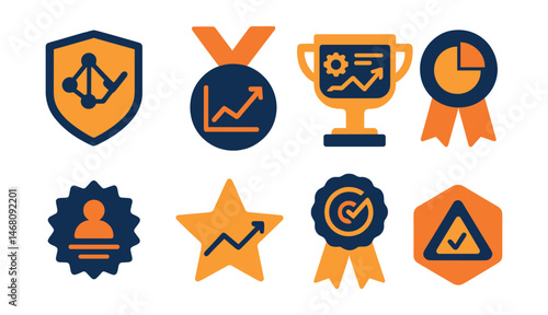 Flat vector icons of predictive analytics: machine learning model accuracy badge, forecasted demand graph medal, predictive maintenance dashboard trophy, churn prediction insights ribbon, lead