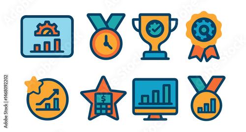 Flat vector icons of manufacturing analytics: production efficiency dashboard badge, downtime tracking medal, quality control metrics trophy, machine performance monitoring ribbon, yield rate