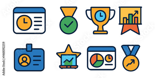 Flat vector icons of productivity and time tracking analytics: time log dashboard badge, task efficiency analysis medal, project time allocation trophy, workday productivity graph ribbon, employee