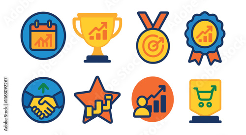 Flat vector icons of sales forecasts: monthly sales projection badge, quarterly revenue goal trophy, yearly sales target medal, market growth forecast ribbon, customer demand trend badge, product