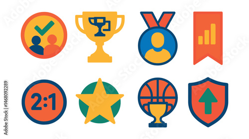 Flat vector icons of sports match forecasts: match winner prediction badge, tournament bracket forecast trophy, player performance prediction medal, season standings projection ribbon, game score