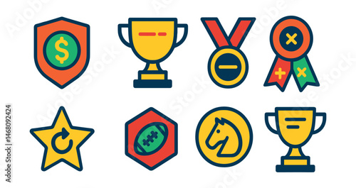 Flat vector icons of betting types: moneyline bet badge, point spread betting trophy, over-under total bet medal, parlay combination betting ribbon, teaser bet variation star, prop bet challenge