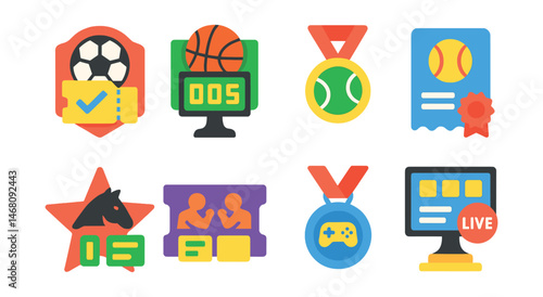 Flat vector icons of sports betting: football match betting ticket badge, basketball odds board trophy, tennis match prediction medal, baseball game betting slip ribbon, horse racing odds star, MMA