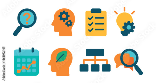 Flat vector icons of critical thinking skills: questioning assumptions badge, logical reasoning exercises badge, evaluating evidence checklist, creative problem solving badge, seeing patterns in