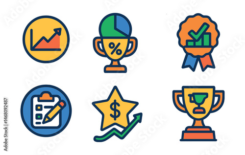 Flat vector icons of betting statistics and analysis: betting odds trends badge, match prediction probability trophy, value bet finder medal, win rate analysis ribbon, betting strategy planner badge,