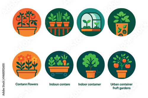 Flat vector icons of container gardening: growing tomatoes in pots badge, balcony herbs containers badge, portable mini greenhouse badge, vertical potato planter badge, container flowers setup badge,