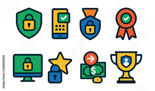 Flat vector icons of betting account security: secure betting account badge, two-factor authentication trophy, encrypted transaction shield medal, login security checker ribbon, betting platform