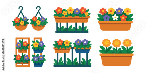 Flat vector icons of blooming balcony decoration: hanging flower baskets badge, colorful balcony planters badge, vibrant flower arrangements planner, seasonal balcony flowers badge, mixed flower
