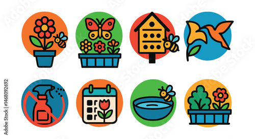 Flat vector icons of pollinator-friendly balconies: planting bee-attracting flowers badge, setting up butterfly gardens badge, installing mini bee hotels badge, choosing nectar-rich plants badge,