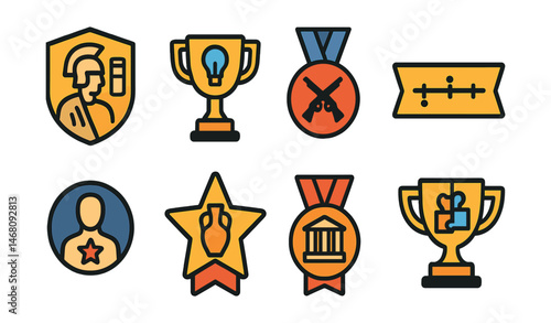 Flat vector icons of history and heritage quizzes: ancient civilizations quiz badge, famous inventors trivia trophy, world wars knowledge test medal, historical events timeline ribbon, national